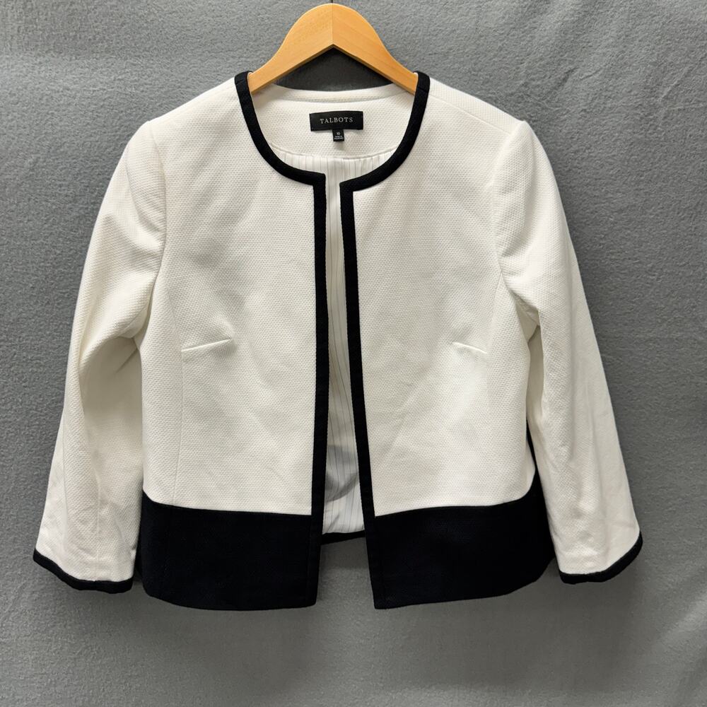 Talbots Blazer Womens 10 Jacket White Black Colorblock Textured Open‎ Coastal